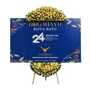 Papan bunga surabaya ucapan selamat warna biru elegan dengan 2 titik bunga segar kuning putih