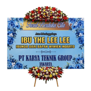Papan bunga surabaya duka cita warna biru tenang dengan 2 titik bunga segar ucapan belasungkawa