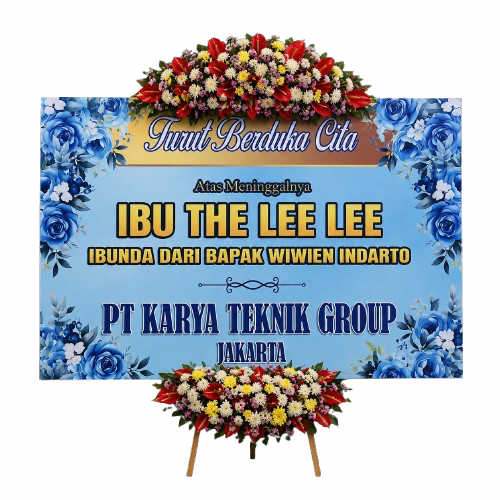 Papan bunga surabaya duka cita warna biru tenang dengan 2 titik bunga segar ucapan belasungkawa