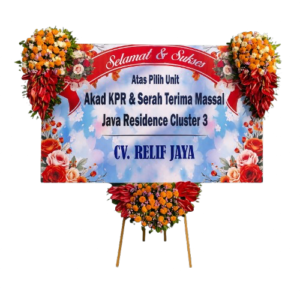 Papan bunga surabaya ucapan selamat latar biru muda 3 titik rangkaian bunga segar merah oranye