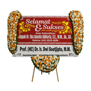 Papan bunga surabaya pelantikan warna merah dengan 3 titik mahkota bunga segar penuh di samping dan bawah