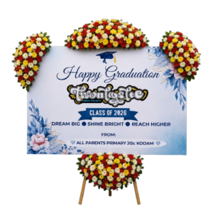 Papan bunga surabaya graduation wisuda latar biru muda 4 titik rangkaian bunga segar merah kuning