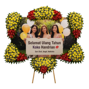 Papan bunga surabaya ulang tahun 6 titik warna kuning dan merah dengan latar foto perayaan