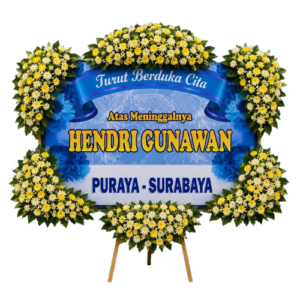 Papan bunga surabaya-duka cita 6 titik warna biru dan kuning untuk ucapan belasungkawa resmi
