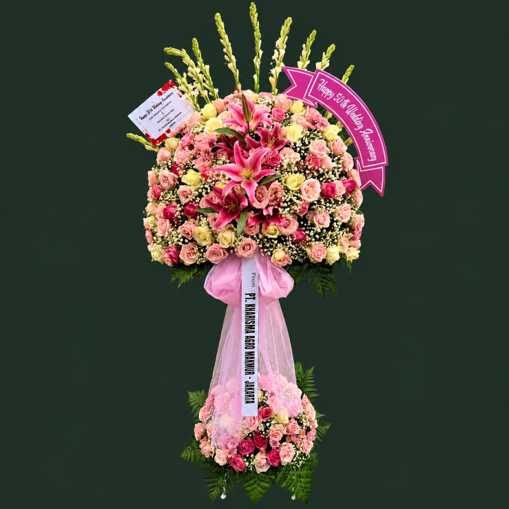 Bunga standing surabaya ucapan Happy 50th Wedding Anniversary dari PT Kharisma Agro Makmur Jakarta dengan hiasan bunga sedap malam dan lily pink
