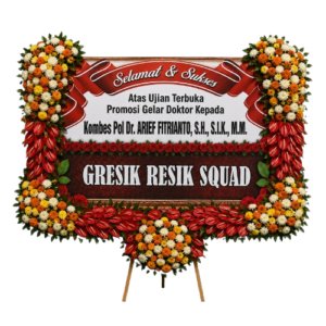Papan bunga surabaya ucapan promosi gelar doktor dengan bingkai bunga segar merah dan kuning padat